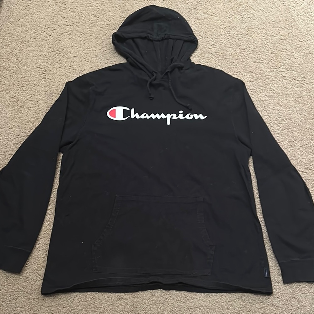 Champion Mens Long Sleeve Script Logo Hoodie Pullover Sweatshirt Black Size L